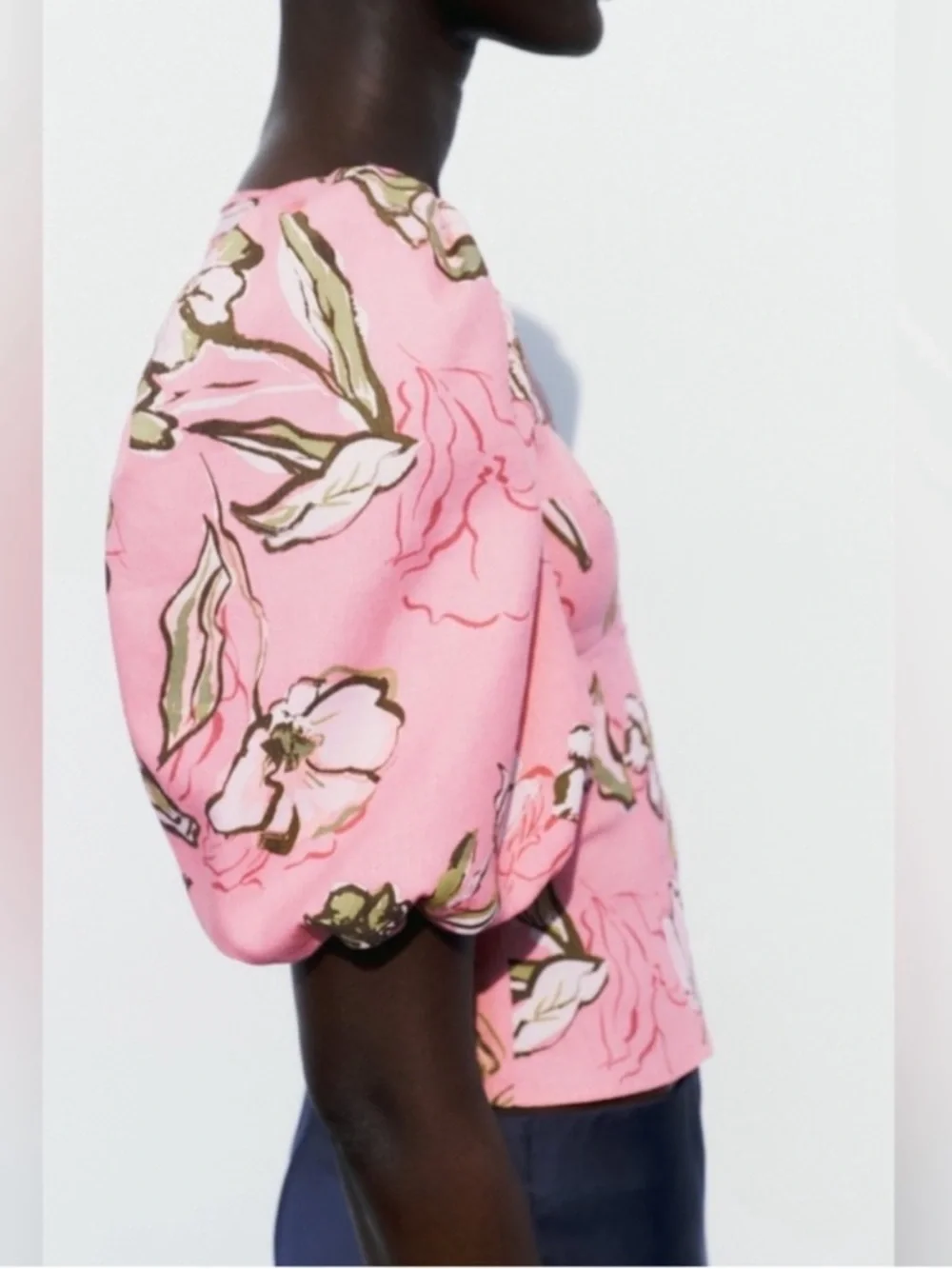 Zara Pink Floral Square-Neck Puff Sleeve Linen-blend Blouse M NWT